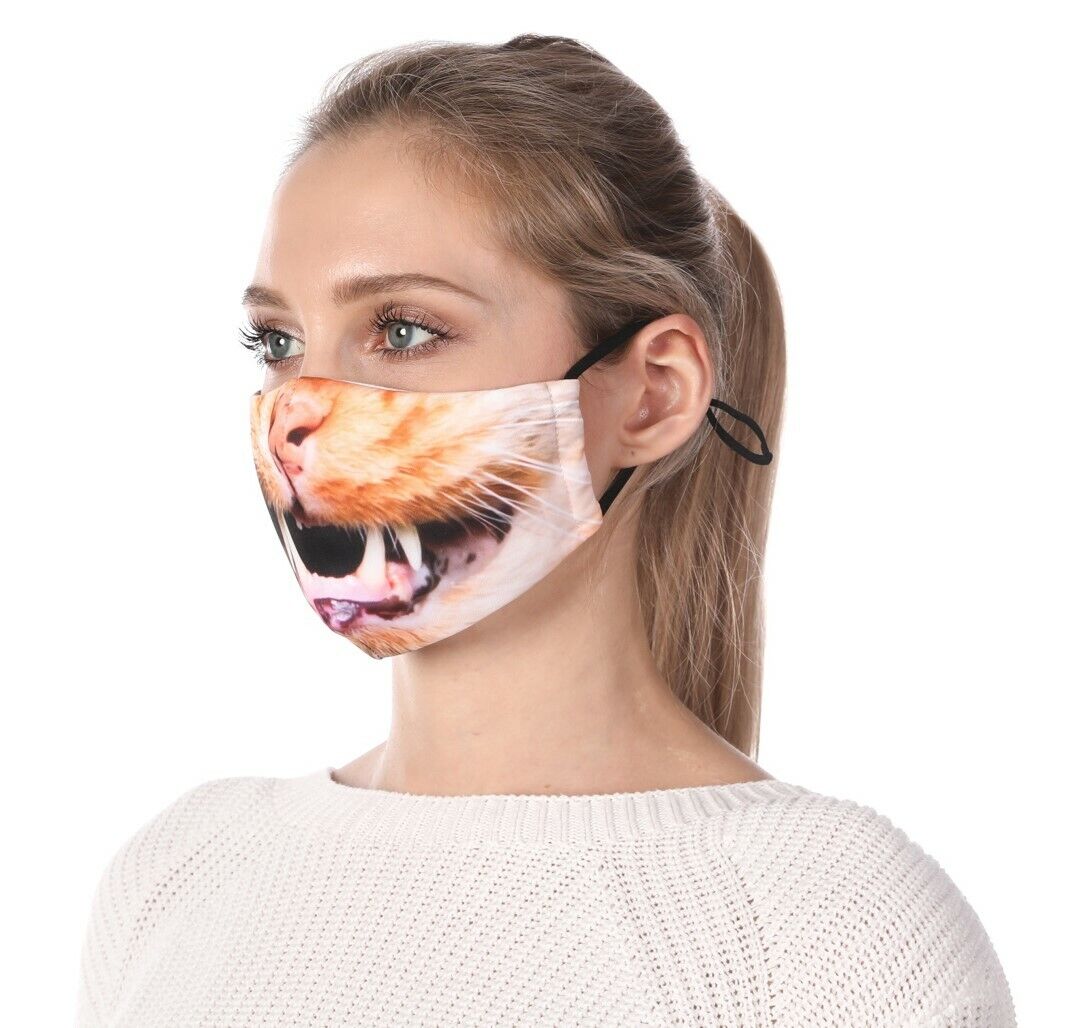 Angry Kitty Cat Face Mask Mouth Teeth Reusable Print Costume Filter Pocket