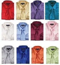  Men's shiny Silky Statin Formal Dress Shirt w/Tie and Handkerief Set Style SG08