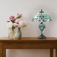 Tiffany Style Stained Glass Table Lamp Green Multi Victorian Double Light 20"