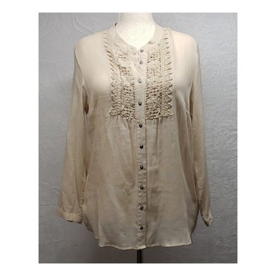 Vintage Krazy Kat Tunic Top XL Khaki Sand Cotton Gauze Crochet Boho Cottagecore
