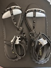 Fashion Black Studded Strappy Ankle Strap Women's Flat Sandals Casual