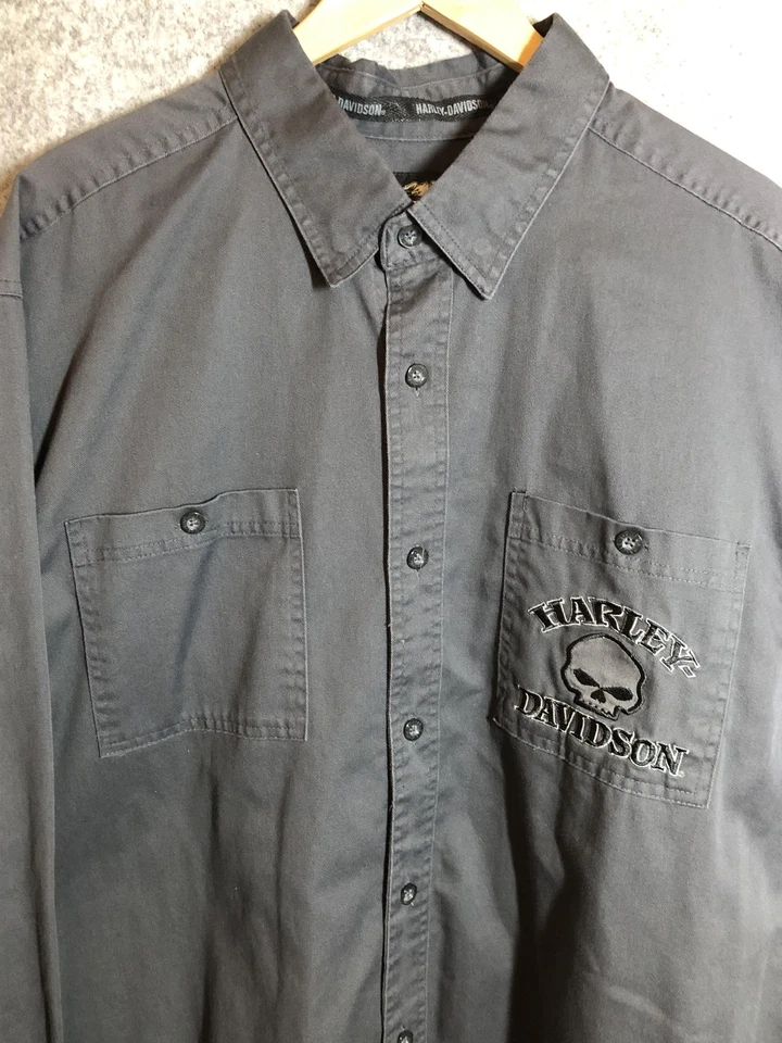 Harley-Davidson Shirt Mens 2XL Gray Long Sleeve Willie G Skull Embroidered - Image 3 of 4