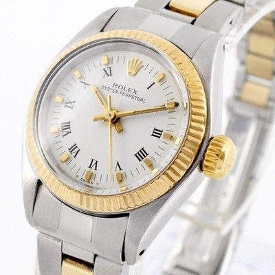 NO FEES FINE ROLEX OYSTER PERPETUAL GOLD FLUTED BEZEL AUTOMATIC 2-TONE BRACELET