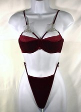 FREDERICK'S OF HOLLYWOOD Rhinestone Ruby Velvet Caged Cutout Bra Thong Set M