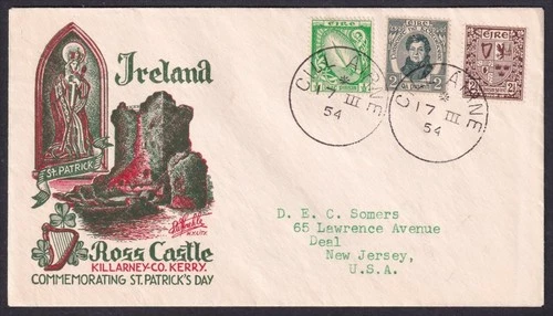 Ireland, 1954 St. Patrick's Day FDC. Scarce 'STAEHLE' Cachet. 'KILLARNEY' CDS