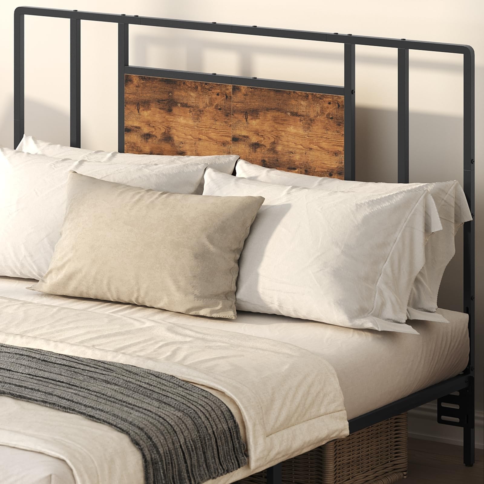 Full Size Headboard Only, Industrial Farmhouse Metal Bed Headboard with Woode...