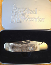 New in Tin Steel Warriors 2-Blade Folding Knife;  Stag Handle