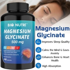 Magnesium Glycinate 500mg - 240 Capsules For Sleep, Stress Relief Support Bone