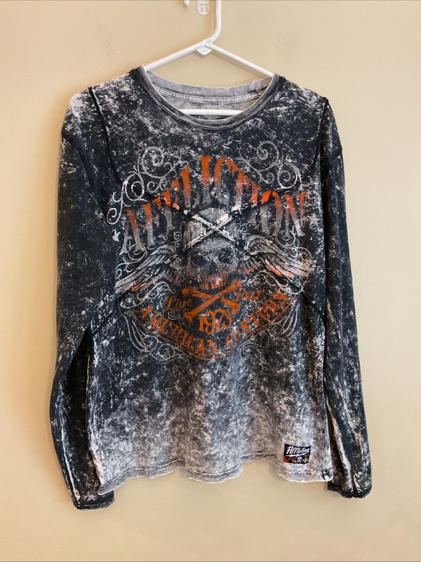 Affliction Live Fast Skull Graphic Acid Wash Long Sleeve Tee Black Orange Large