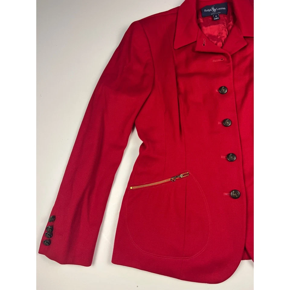 Blazer Ralph Lauren Rojo De Colección Mujer Talla 8 Dorado Bolsillos con Cremallera Clásico A Medida Foto 2 de 4
