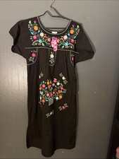 Unik Women's Black Floral Embroidered Shirt Dress Size L Knee Length Cotton New