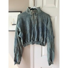 Bershka Green Acid Washed Cropped Quarter Zip