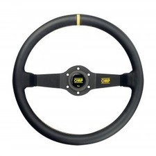 Omp Rally Steering Wheel 350mm95mm Dish Leather Grip Yellow Stripe Aluminum