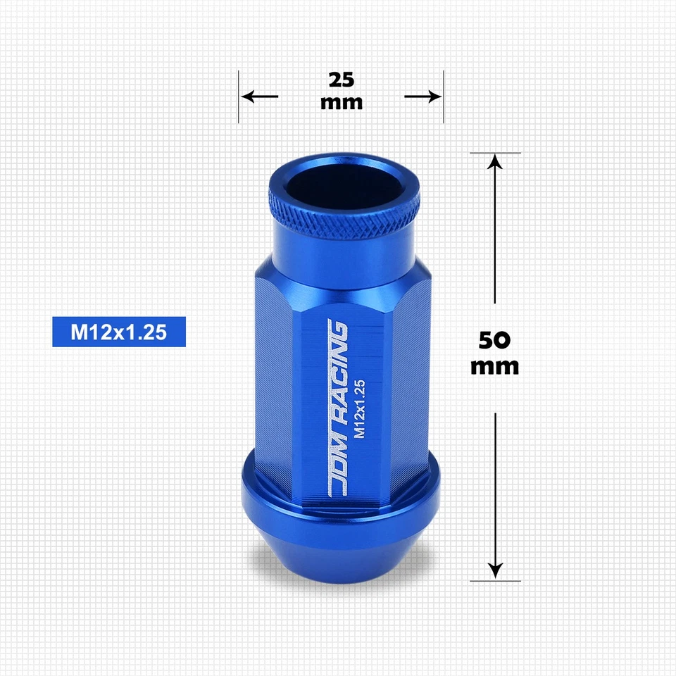 M12X1.25 Azul JDM Gama Abierta Bellota Hexagonal Llanta Tuercas + Extensión 25mmx50mm 20 Piezas Foto 3 de 4