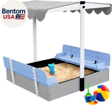 Wooden Kids Sandbox with Lid Sand Box with Cover for Outdoor with Canopy Ages 4-