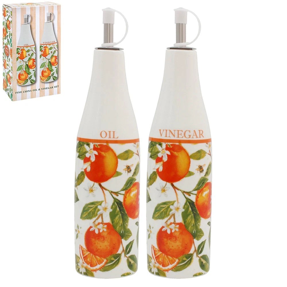 Oil & Vinegar Cruet Bottles Oranges & Lemons Kitchen Summer Citrus Dispenser Set
