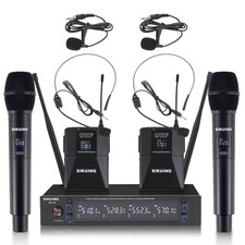 4 Channel UHF Wireless Microphone System with Lavalier Headset Mics, 4x50 Adj...