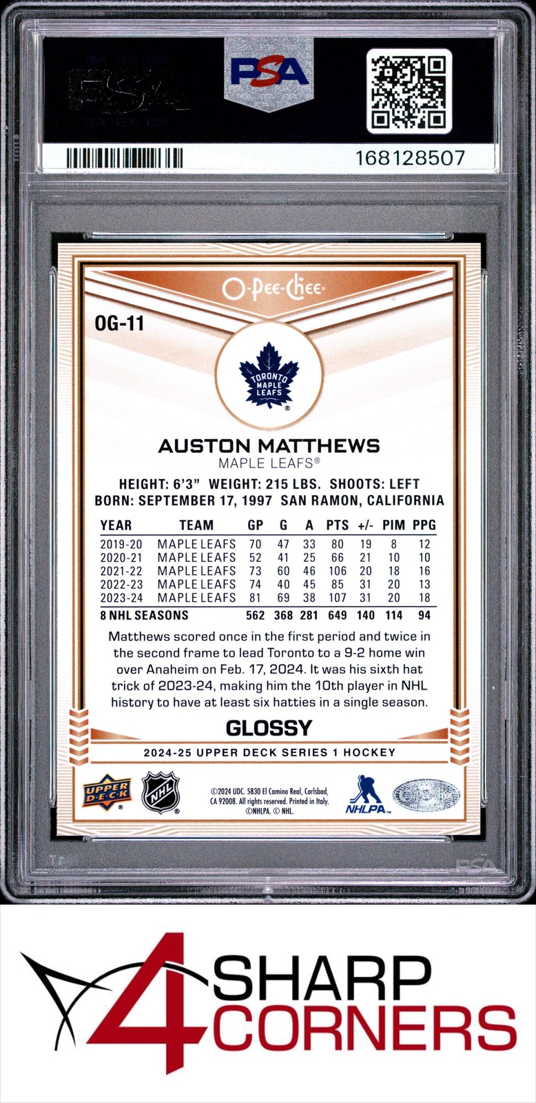 2024 UPPER DECK O-PEE-CHEE GLOSSY #OG11 AUSTON MATTHEWS POP 2 PSA 10 view 2