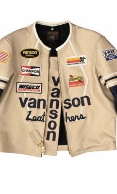 Vanson Leathers Racing Motorcycle Jacket Beige & Navy Leather Biker USA Style