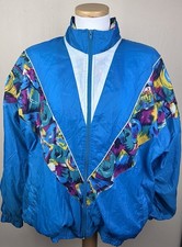 VTG 80's 90's Windbreaker Jacket Zip Front Womens L/XL Blue Pink Yellow Floral