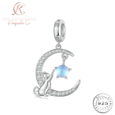 Katze im Mond Charm Silber S925 und Mondstein 
