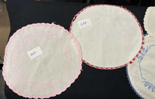 Lot of 6 Vintage Round & Oval Linen Embroidered Dresser Scarves