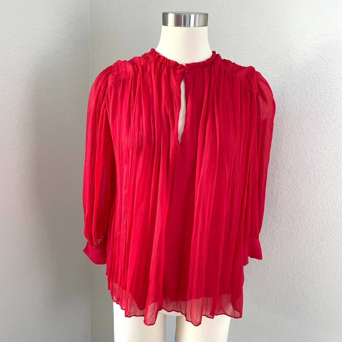 【10aw】Kolor Red Ruffled Pleated Shirt Zara Womens XS Red Chiffon Pleated Blouse 3/4 Sleeve Shirt