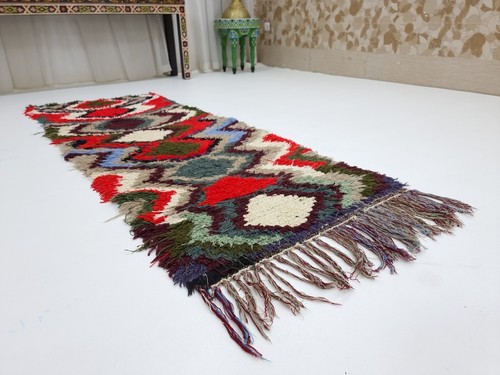 Moroccan Handmade Vintage Rug 2'4x6'2 Abstract Berber Red Cotton Tribal Carpet - Picture 5 of 11