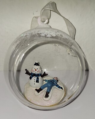 Vintage Glass Christmas Ornament Sphere - Happy Snowman & Boy Making Snow Angel