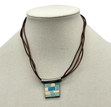 Necklace Corded Choker Enamel Slide Pendant Silver Tone Lobster Blue Green 16"