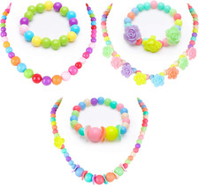 Bigotters Little Girls Necklace Bracelet, 3 Sets Lovely Colorful Beads Toddler