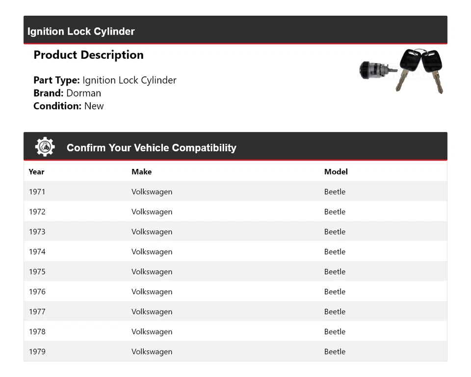 Cilindro de bloqueo de encendido para Volkswagen Beetle Dorman 1971-1979 1972 1973 1974 Foto 2 de 4