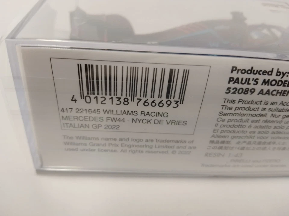 Minichamps Williams FW44 #45 Nick De Vries Italian GP 2022 1/43 417221645 - Immagine 3 di 3