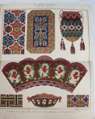 ANTIGUA LAMINA, GRABADO, LA FRANCE ELEGANTE, PATRON DE BORDADO, SIGLO XIX