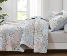 Blue Pink Shabby Chic Floral Bedspread Coverlet Set Pre-Washed Cotton Quilt Set