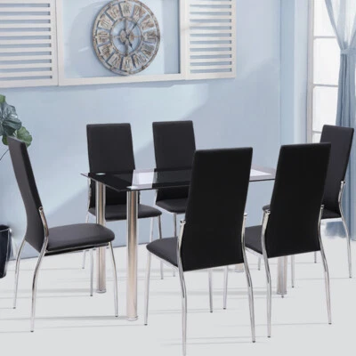 PRESENT-HOUSE1 2/4/6-Seater Dining Room Set Glass Dinner Table with Faux Leather Chairs ZH0243