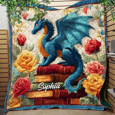 Personalized Dragon Book Quilt Blanket Christmas Gift Reading Lover Bookworm