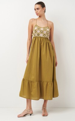 ZARA Crochet Dress Halter Ruffle Knit Beaded Midi Green, Size XS