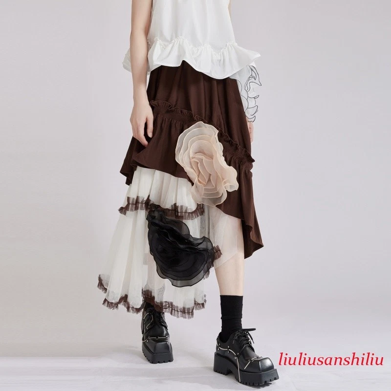 Japanese Womens 3D Flowers Irregular Mesh Skirt Retro Elastic Waist Dress Casual
