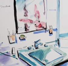 Jose Trujillo Fine Art PRINT 16x16 Collectible Artist Watercolor Bunny Bathroom