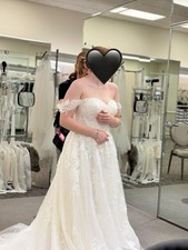 Elegant Off-Shoulder Wedding Dress | Lace-Up Corset Back | Ivory A-Line Gown | 