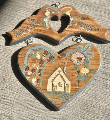 Vintage Cottage Core Wood Heart Country Cottage Hearts Wood Decor Hand Painted