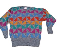 Vintage E’Ma Made in USA Color Block Geometric Triangle Knit Sweater 80s Large