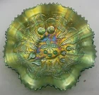 HTF COLOR VINTAGE CARNIVAL NORTHWOOD GREEN STIPPLED THREE FRUITS RUFFLED BOWL