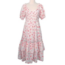 Love Shack Fancy White Pink Floral Lace Ruffle Cotton Cosette Midi Dress- Large