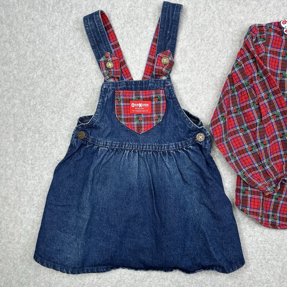 复古 OSHKOSH 女孩尺寸 4T 蓝色牛仔格子法兰绒整体连衣裙和衬衫套装 — 第 2/4 张图片