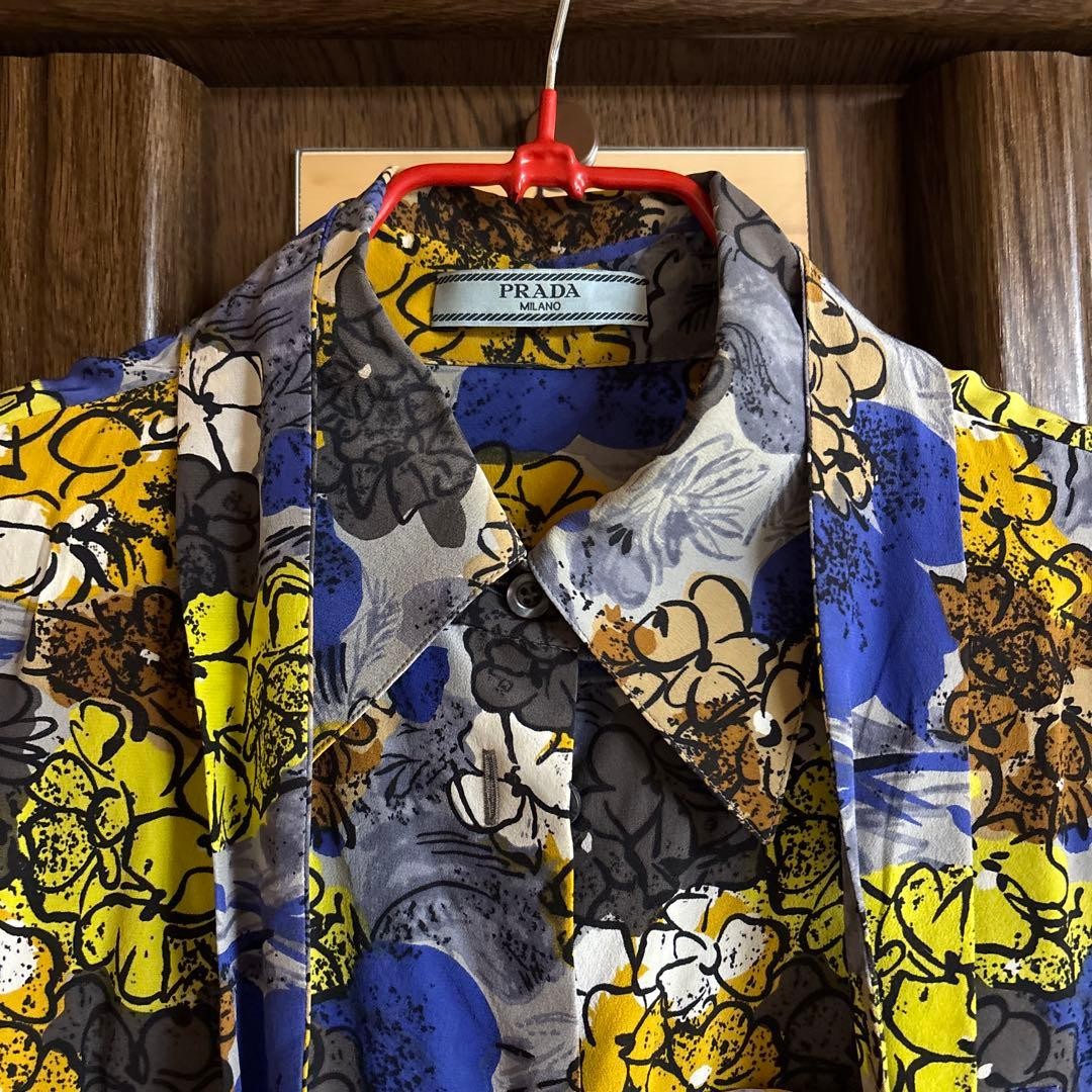 PRADA Set Up Flared Skirt 36 Casual Shirt Gray Blue Yellow Pattern image 2