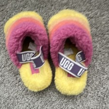 UGG Fluff Yeah Rainbow Colorblock Fur Slide Slippers Yellow Pink Orange Women