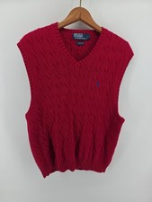 Vintage 90s Polo Ralph Lauren Cable Knit Sweater Vest Mens Size L Red Preppy