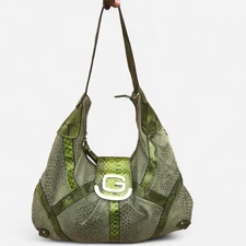 Guess Y2K Green Snake Leather Shoulder Hobo Hand Bag Purse Monogram 2000 Vintage
